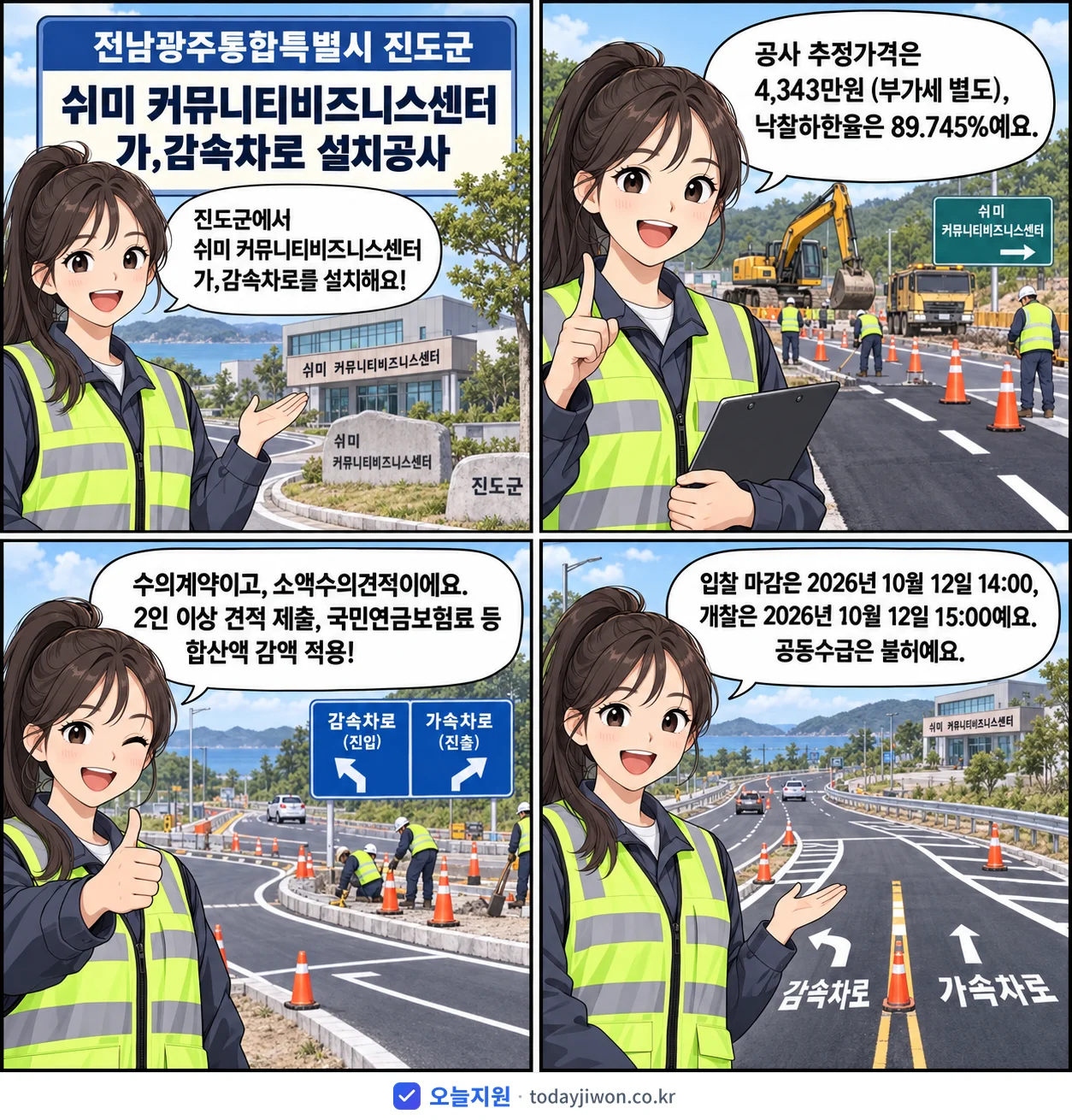 4컷 만화로 보는 공고: 전남광주통합특별시 진도군 '쉬미 커뮤니티비즈니스센터 가,감속차로 설치공사', 추정가격 4,343만원, 입찰 마감 10/12 14:00