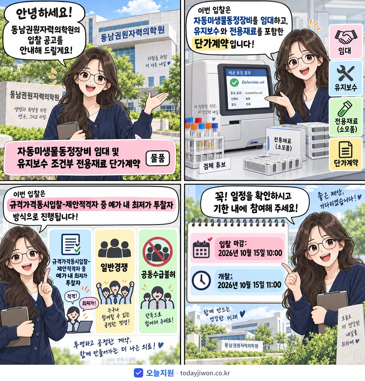 4컷 만화로 보는 공고: 동남권원자력의학원 '자동미생물동정장비 임대 및 유지보수 조건부 전용재료 단가계약', 입찰 마감 10/15 10:00