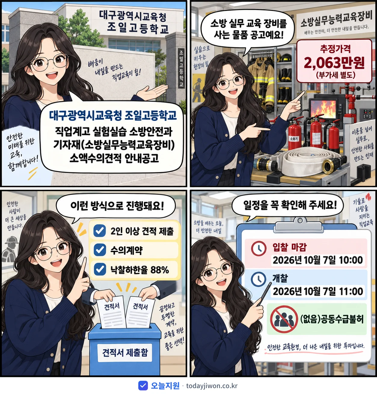 4컷 만화로 보는 공고: 대구광역시교육청 조일고등학교 '직업계고 실험실습 소방안전과 기자재(소방실무능력교육장비) 소액수의견적…', 추정가격 2,063만원, 입찰 마감 10/7 10:00