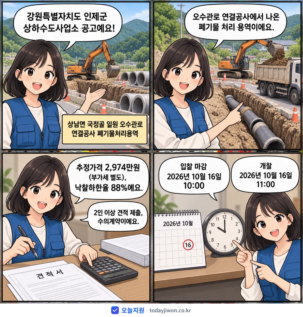 4컷 만화로 보는 공고: 강원특별자치도 인제군 상하수도사업소 '상남면 국정골 일원 오수관로 연결공사 폐기물처리용역', 추정가격 2,974만원, 입찰 마감 10/16 10:00