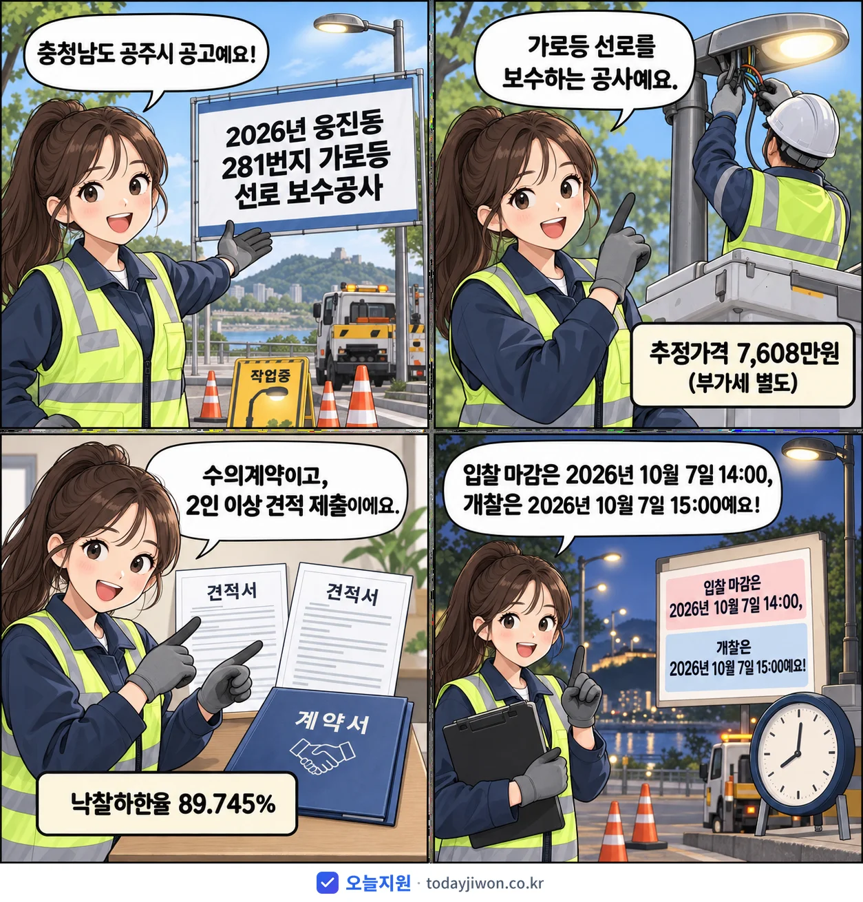 4컷 만화로 보는 공고: 충청남도 공주시 '웅진동 281번지 가로등 선로 보수공사', 추정가격 7,608만원, 입찰 마감 10/7 14:00