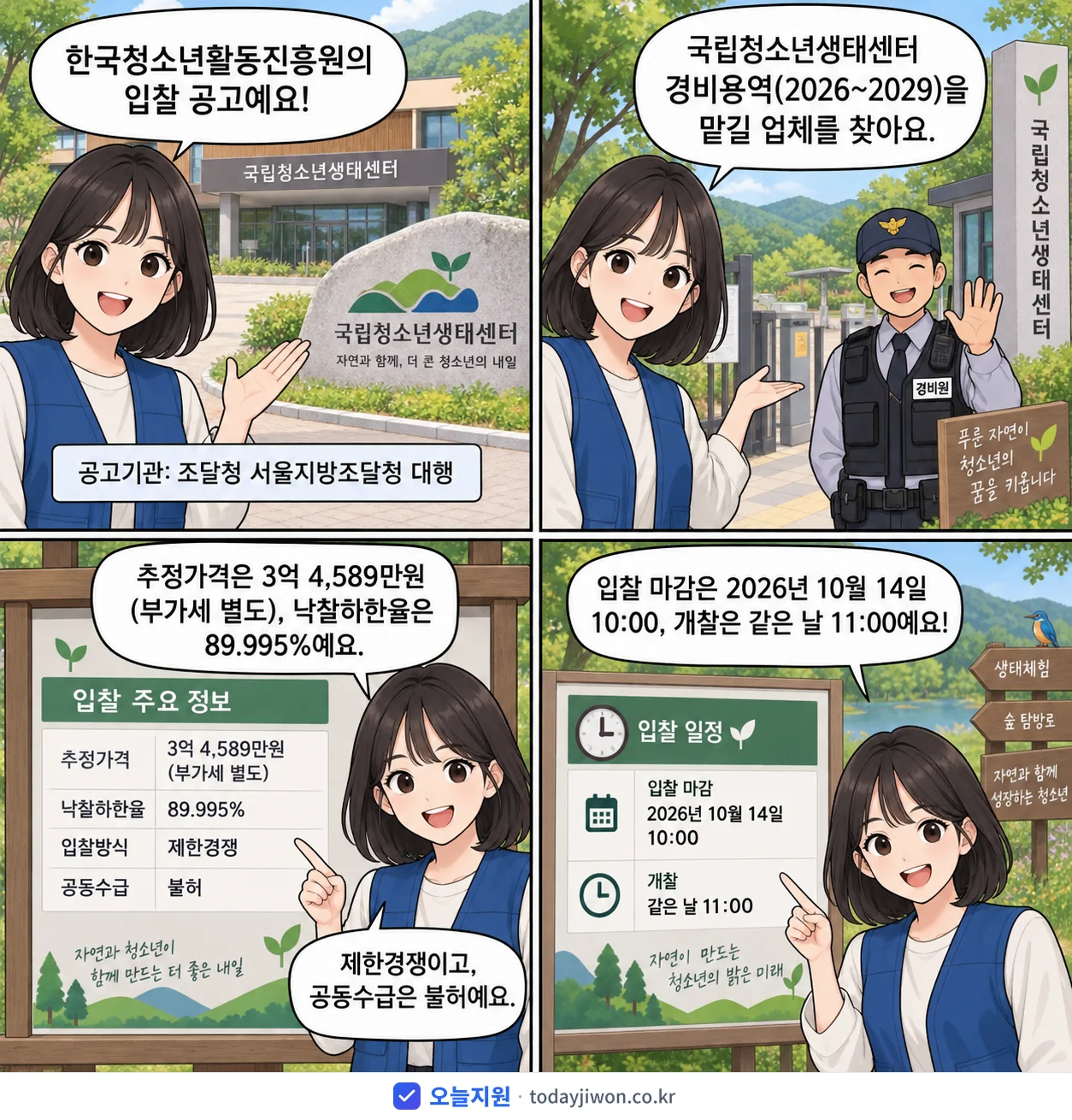 4컷 만화로 보는 공고: 한국청소년활동진흥원 '국립청소년생태센터 경비용역(2026~2029)', 추정가격 3억 4,589만원, 입찰 마감 10/14 10:00