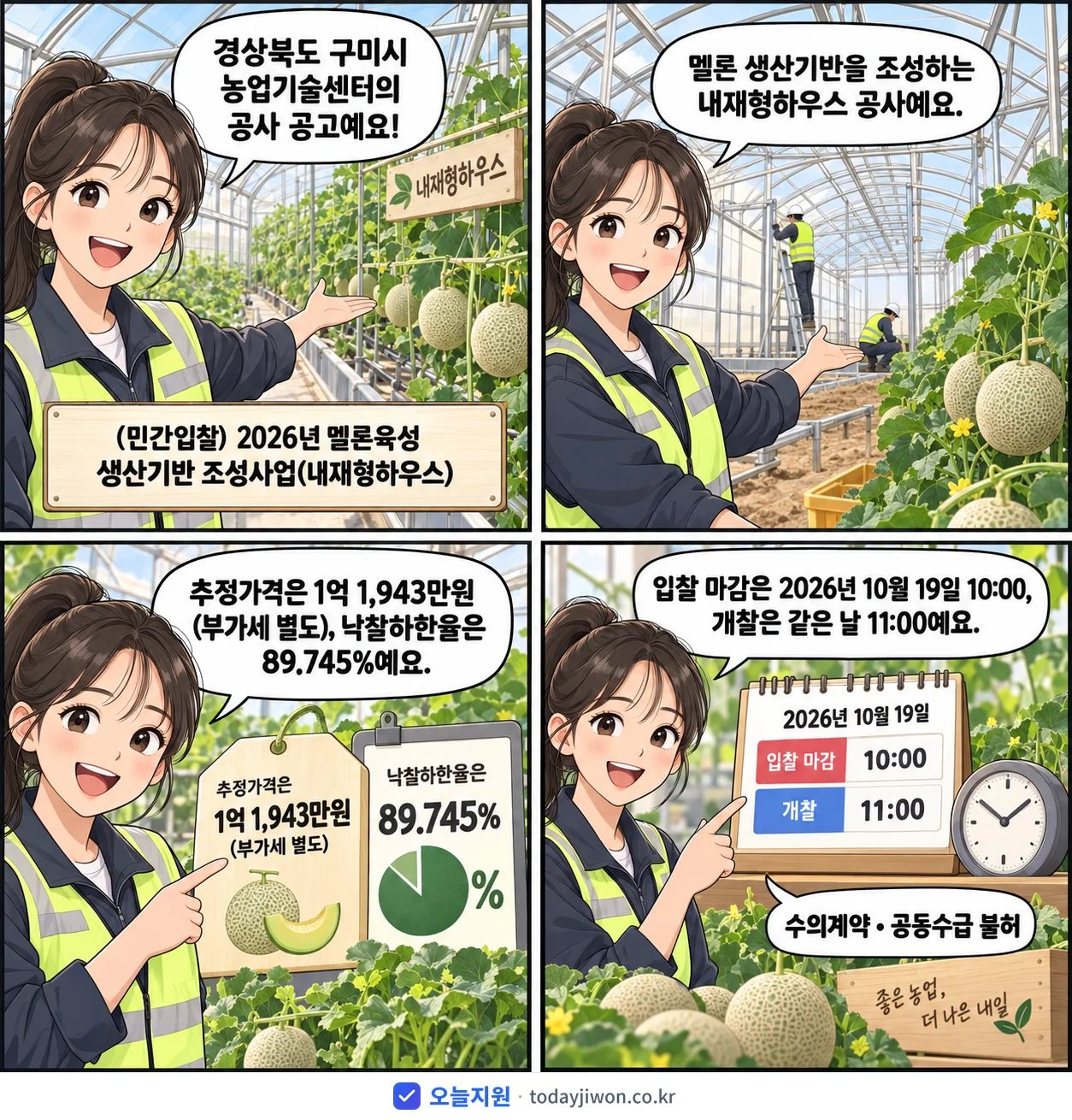 4컷 만화로 보는 공고: 경상북도 구미시 농업기술센터 '(민간입찰) 2026년 멜론육성 생산기반 조성사업(내재형하우스)', 추정가격 1억 1,943만원, 입찰 마감 10/19 10:00