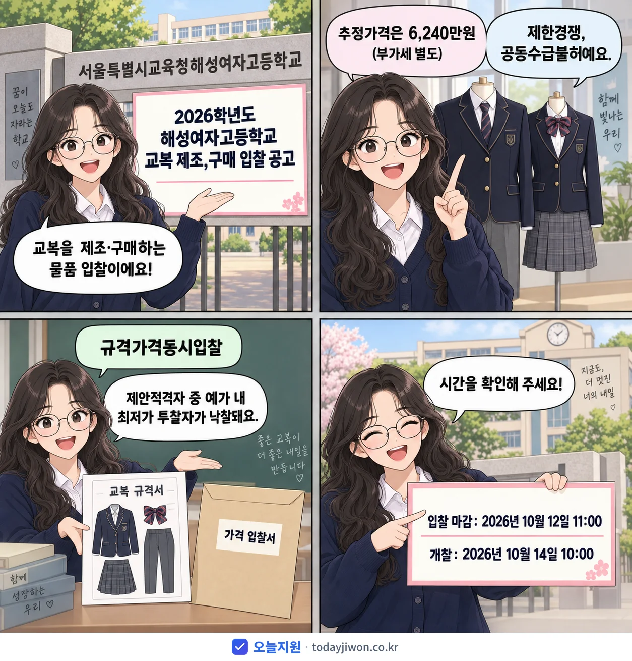 4컷 만화로 보는 공고: 서울특별시교육청해성여자고등학교 '학년도 해성여자고등학교 교복 제조,구매 입찰 공고', 추정가격 6,240만원, 입찰 마감 10/12 11:00