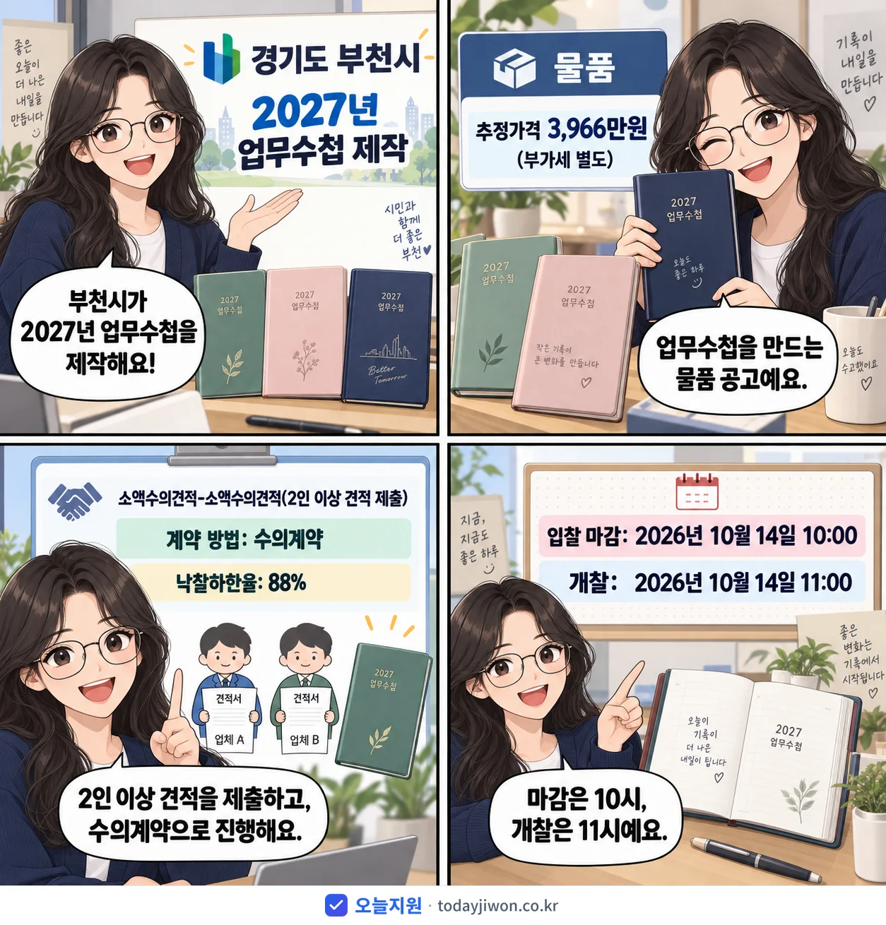 4컷 만화로 보는 공고: 경기도 부천시 '업무수첩 제작', 추정가격 3,966만원, 입찰 마감 10/14 10:00