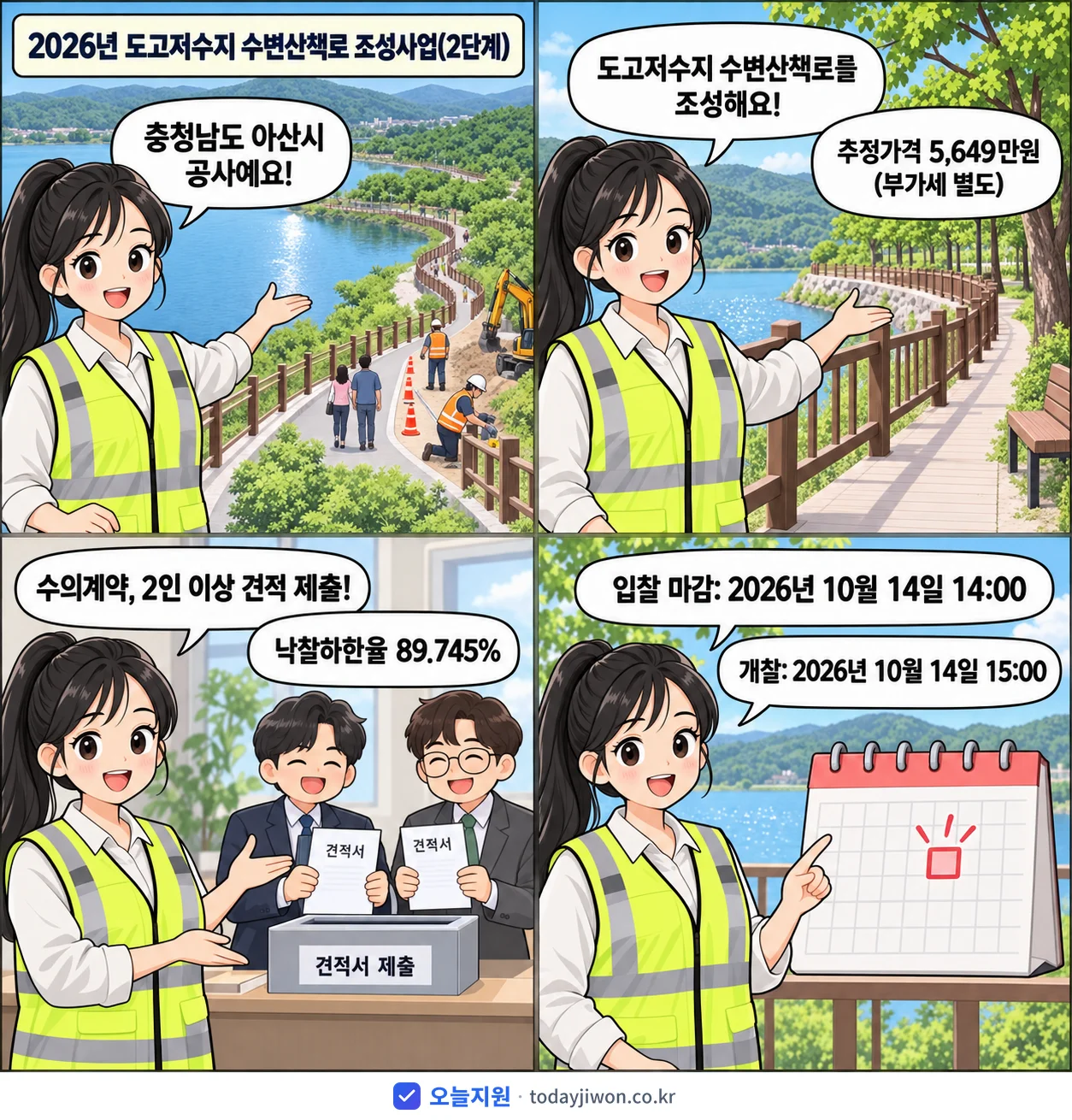 4컷 만화로 보는 공고: 충청남도 아산시 '도고저수지 수변산책로 조성사업(2단계)', 추정가격 5,649만원, 입찰 마감 10/14 14:00