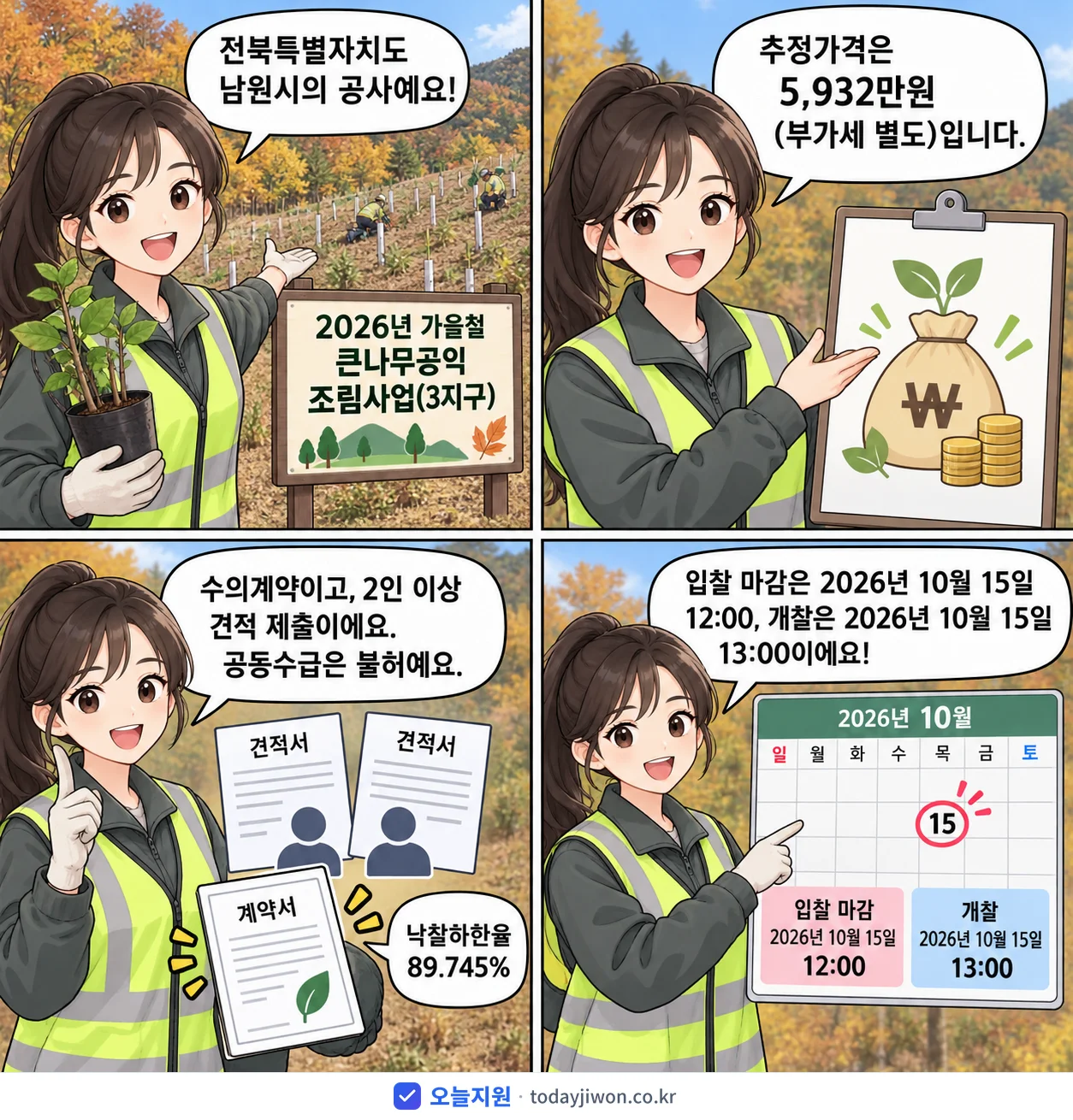 4컷 만화로 보는 공고: 전북특별자치도 남원시 '가을철 큰나무공익 조림사업(3지구)', 추정가격 5,932만원, 입찰 마감 10/15 12:00