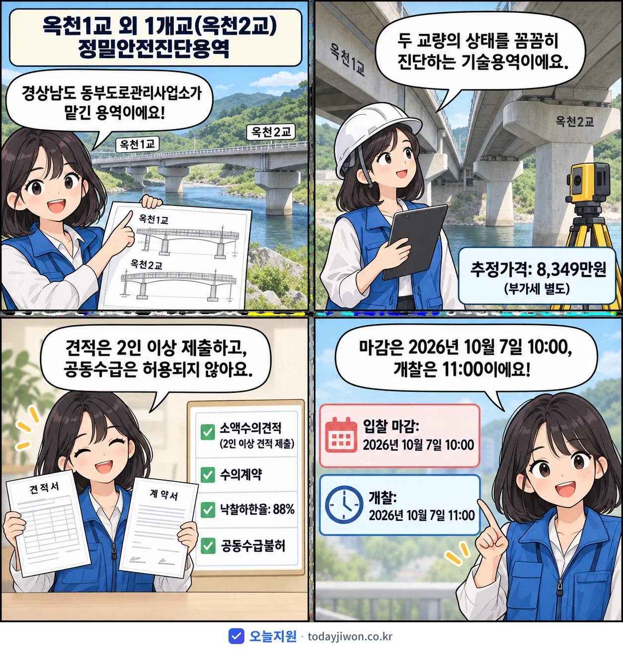 4컷 만화로 보는 공고: 경상남도 동부도로관리사업소 '옥천1교 외 1개교(옥천2교) 정밀안전진단용역', 추정가격 8,349만원, 입찰 마감 10/7 10:00