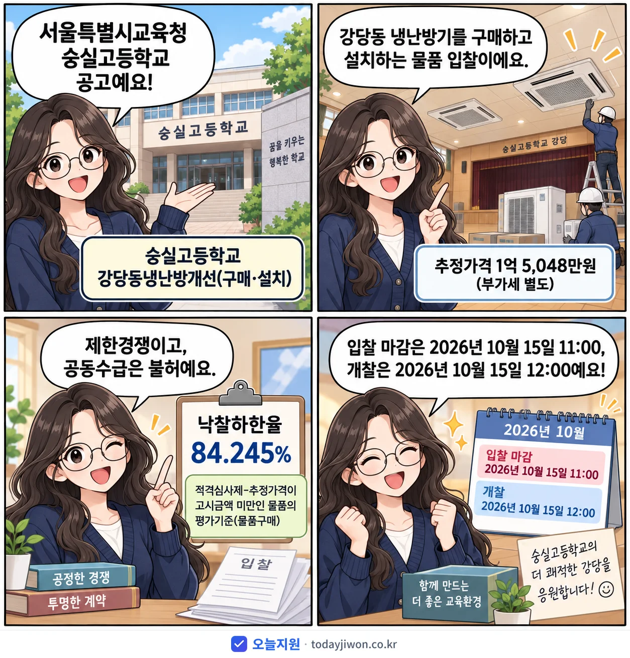 4컷 만화로 보는 공고: 서울특별시교육청 숭실고등학교 '숭실고등학교 강당동냉난방개선(구매·설치)', 추정가격 1억 5,048만원, 입찰 마감 10/15 11:00