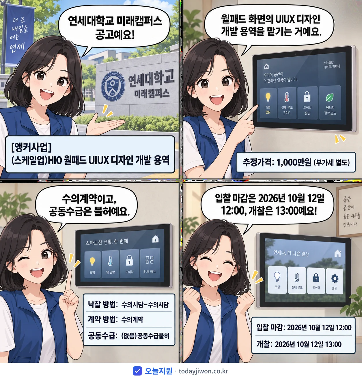 4컷 만화로 보는 공고: 연세대학교 미래캠퍼스 '(스케일업)HIO 월패드 UIUX 디자인 개발 용역', 추정가격 1,000만원, 입찰 마감 10/12 12:00