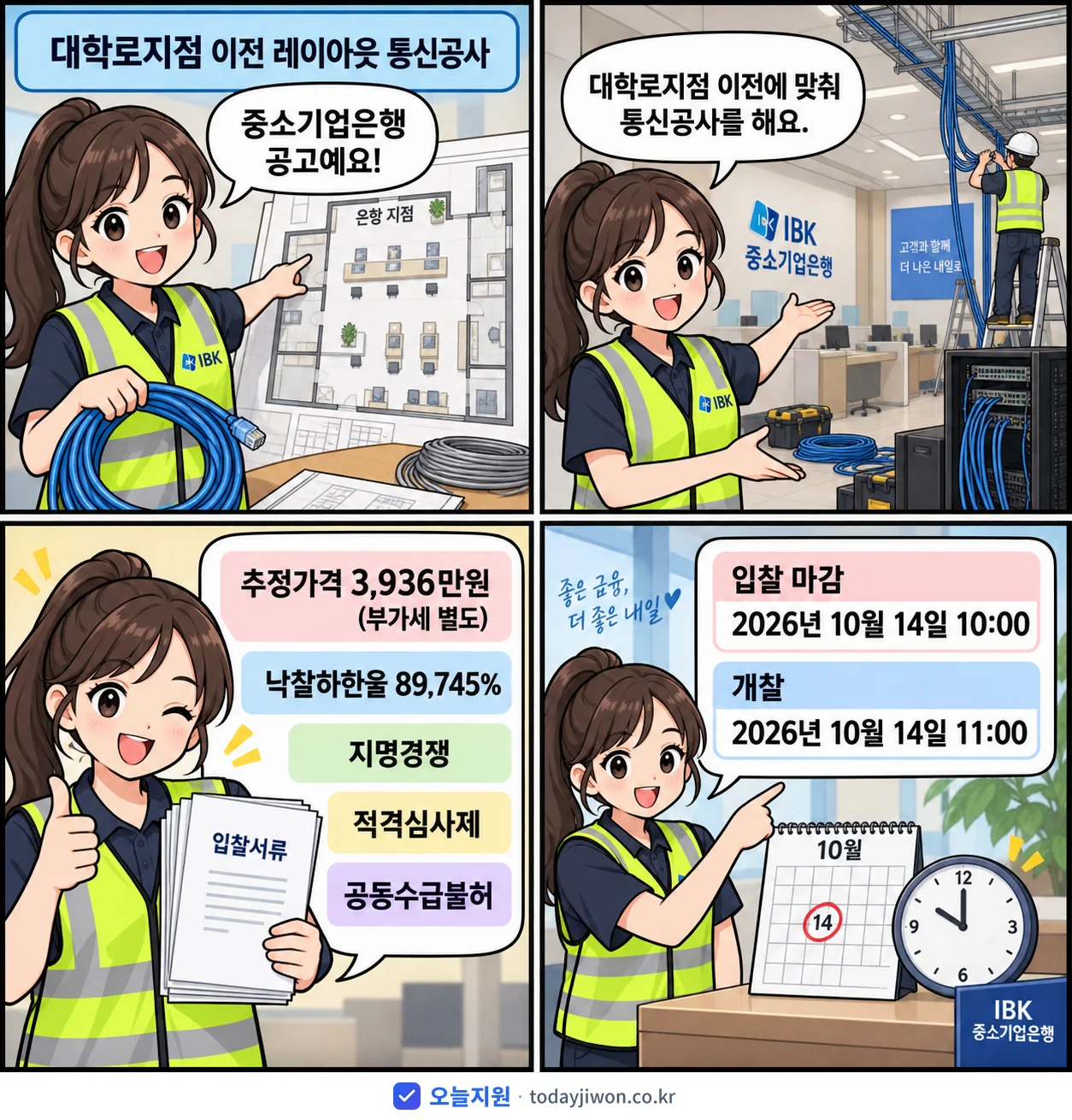 4컷 만화로 보는 공고: 중소기업은행 '대학로지점 이전 레이아웃 통신공사', 추정가격 3,936만원, 입찰 마감 10/14 10:00
