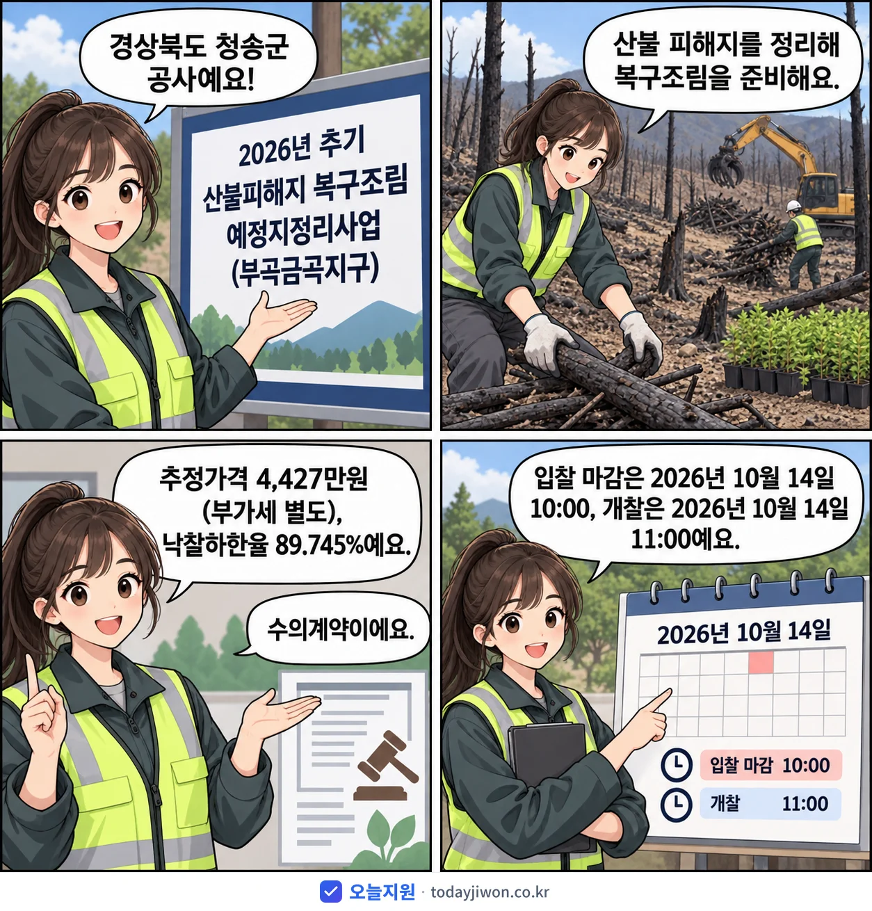 4컷 만화로 보는 공고: 경상북도 청송군 '추기 산불피해지 복구조림 예정지정리사업(부곡금곡지구)', 추정가격 4,427만원, 입찰 마감 10/14 10:00
