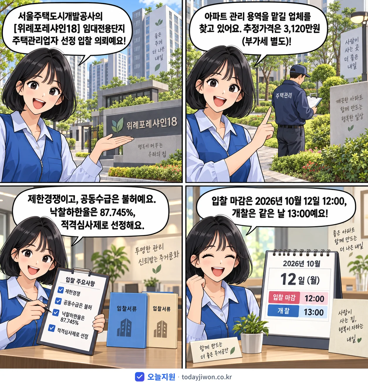 4컷 만화로 보는 공고: 서울주택도시개발공사 '임대전용단지 주택관리업자 선정 입찰 의뢰', 추정가격 3,120만원, 입찰 마감 10/12 12:00