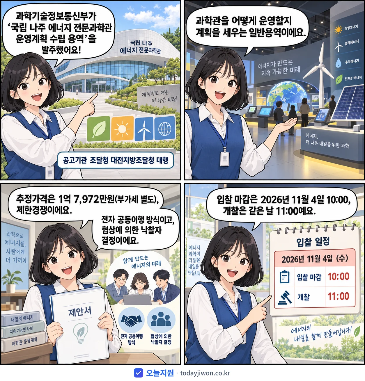 4컷 만화로 보는 공고: 과학기술정보통신부 '국립 나주 에너지 전문과학관 운영계획 수립 용역', 추정가격 1억 7,972만원, 입찰 마감 11/4 10:00