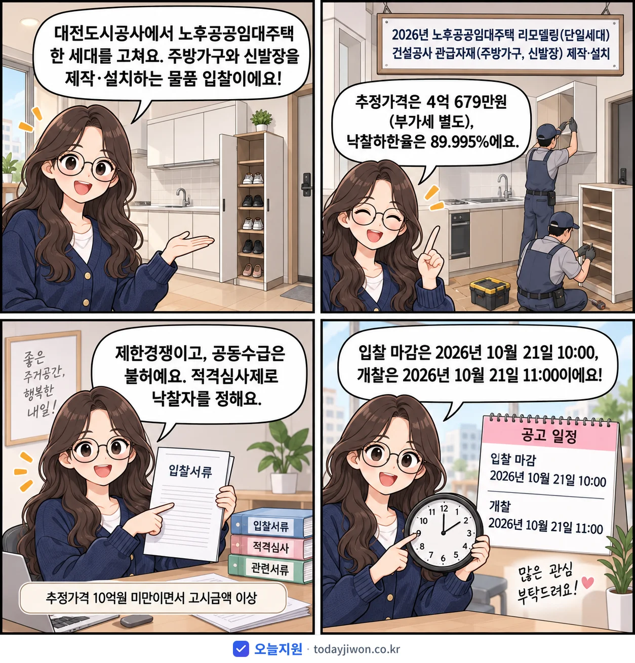 4컷 만화로 보는 공고: 대전도시공사 '노후공공임대주택 리모델링(단일세대) 건설공사 관급자재(주방가구, 신발장…', 추정가격 4억 679만원, 입찰 마감 10/21 10:00