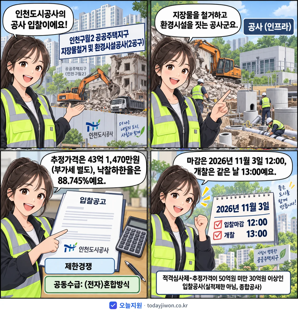 4컷 만화로 보는 공고: 인천도시공사 '인천구월2 공공주택지구 지장물철거 및 환경시설공사(2공구)', 추정가격 43억 1,470만원, 입찰 마감 11/3 12:00