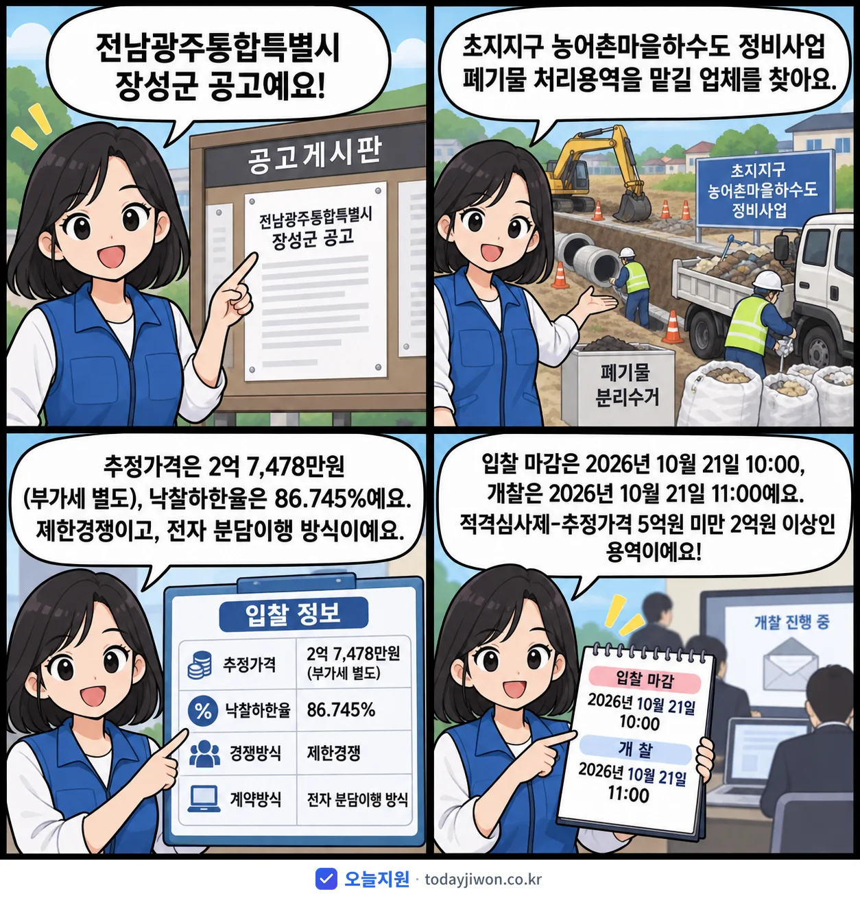 4컷 만화로 보는 공고: 전남광주통합특별시 장성군 '초지지구 농어촌마을하수도 정비사업 폐기물 처리용역', 추정가격 2억 7,478만원, 입찰 마감 10/21 10:00
