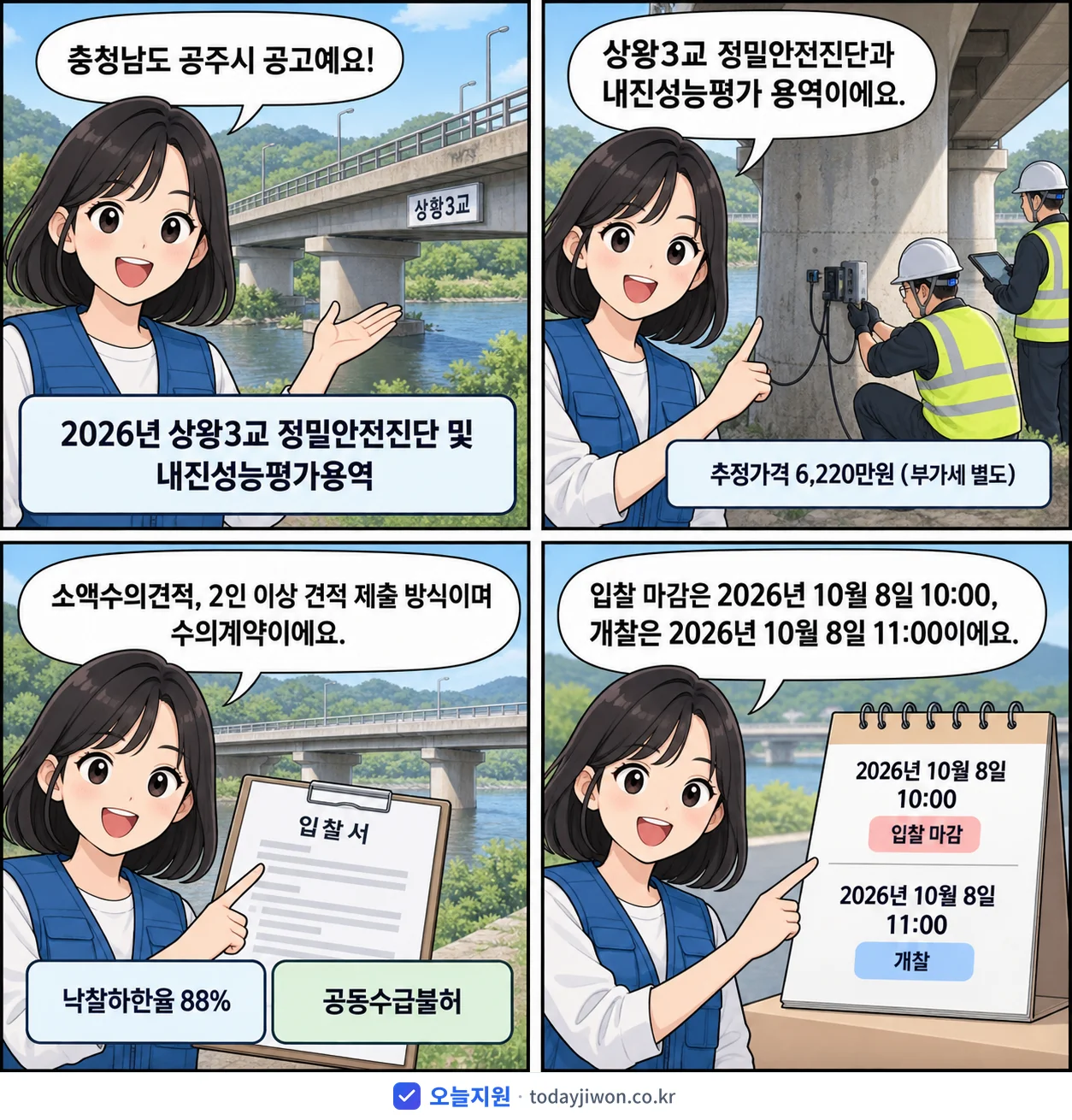 4컷 만화로 보는 공고: 충청남도 공주시 '상왕3교 정밀안전진단 및 내진성능평가용역', 추정가격 6,220만원, 입찰 마감 10/8 10:00