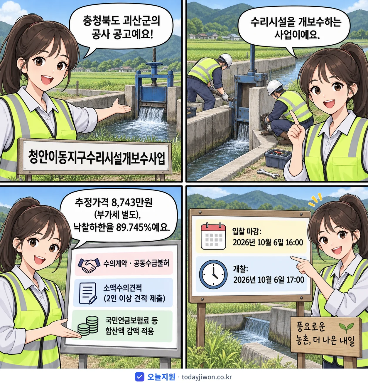 4컷 만화로 보는 공고: 충청북도 괴산군 '청안이동지구수리시설개보수사업', 추정가격 8,743만원, 입찰 마감 10/6 16:00