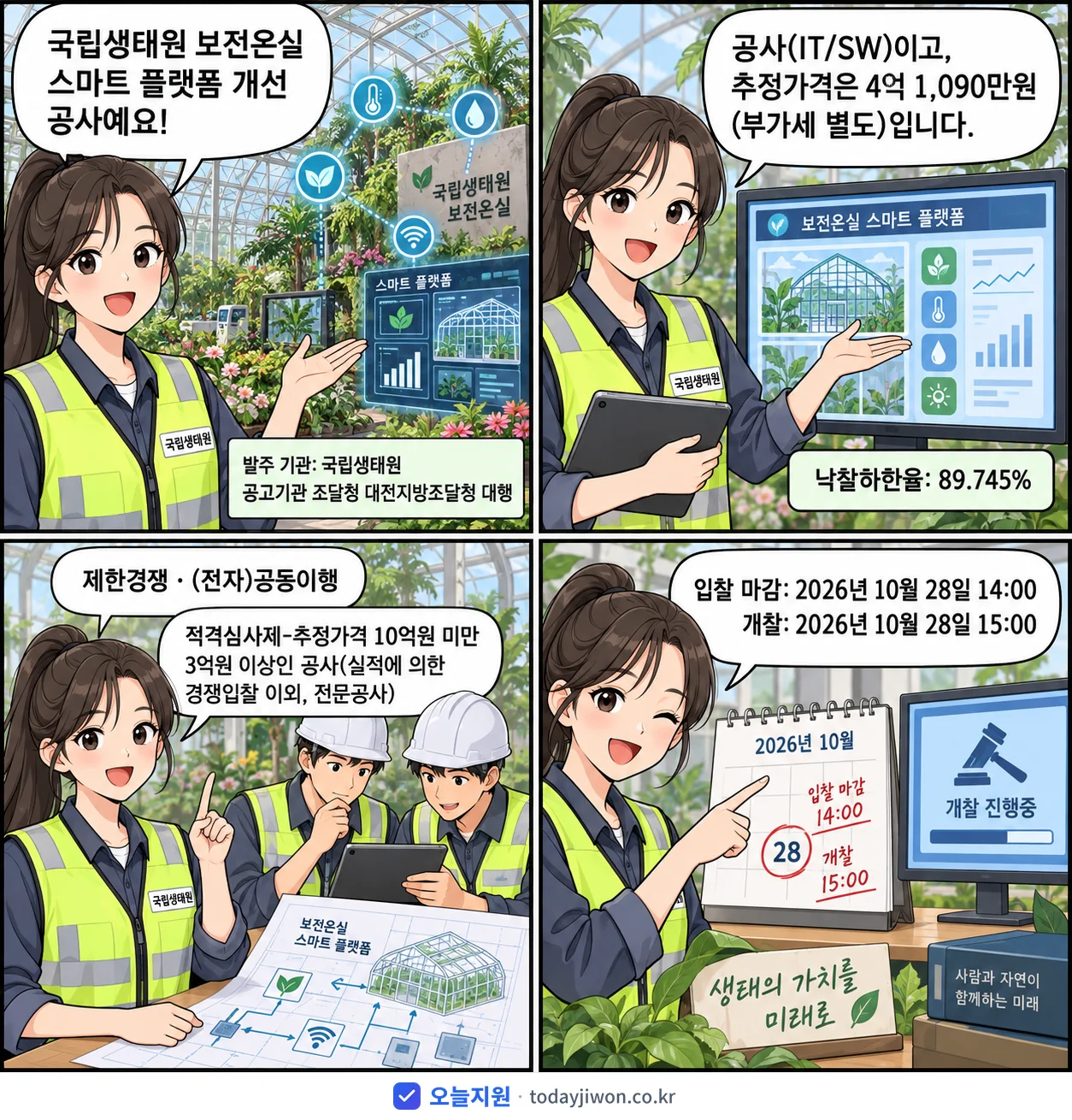 4컷 만화로 보는 공고: 국립생태원 '국립생태원 보전온실 스마트 플랫폼 개선 공사', 추정가격 4억 1,090만원, 입찰 마감 10/28 14:00