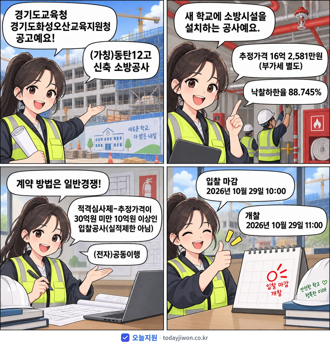 4컷 만화로 보는 공고: 경기도교육청 경기도화성오산교육지원청 '(가칭)동탄12고 신축 소방공사', 추정가격 16억 2,581만원, 입찰 마감 10/29 10:00