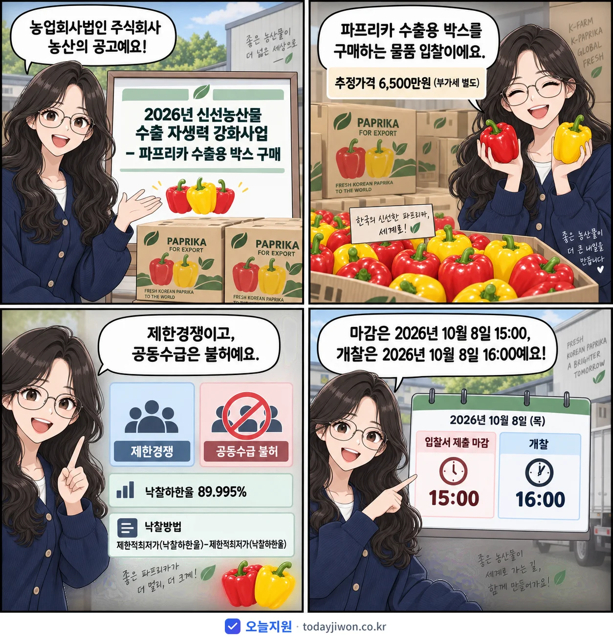 4컷 만화로 보는 공고: 농업회사법인 주식회사 농산 '신선농산물 수출 자생력 강화사업 - 파프리카 수출용 박스 구매', 추정가격 6,500만원, 입찰 마감 10/8 15:00