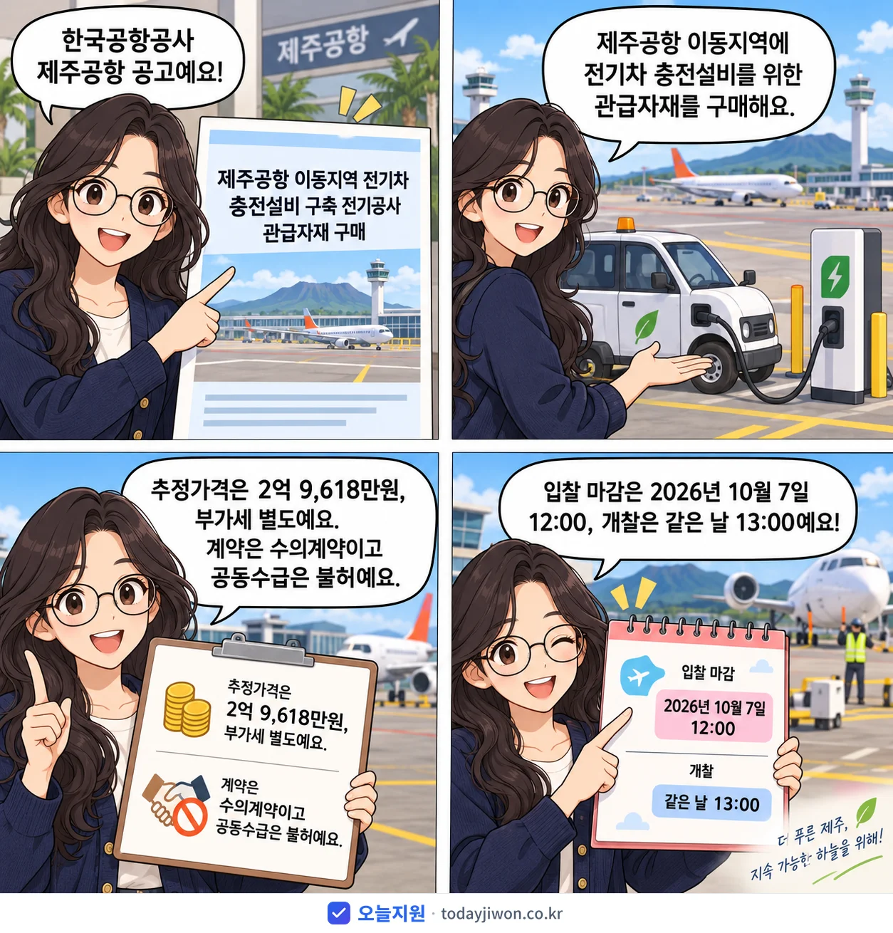 4컷 만화로 보는 공고: 한국공항공사 제주공항 '제주공항 이동지역 전기차 충전설비 구축 전기공사 관급자재 구매', 추정가격 2억 9,618만원, 입찰 마감 10/7 12:00