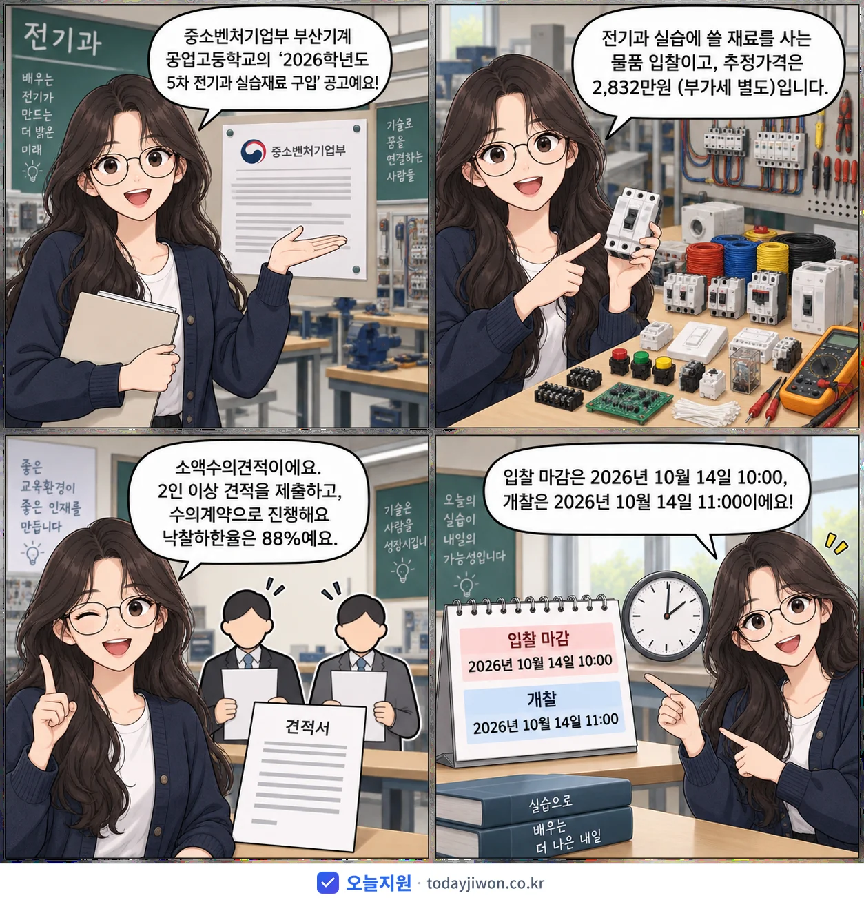 4컷 만화로 보는 공고: 중소벤처기업부 부산기계공업고등학교 '학년도 5차 전기과 실습재료 구입', 추정가격 2,832만원, 입찰 마감 10/14 10:00