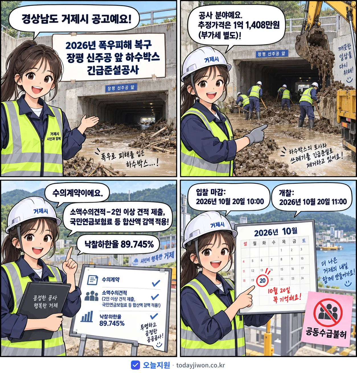 4컷 만화로 보는 공고: 경상남도 거제시 '폭우피해 복구 장평 신주공 앞 하수박스 긴급준설공사', 추정가격 1억 1,408만원, 입찰 마감 10/20 10:00