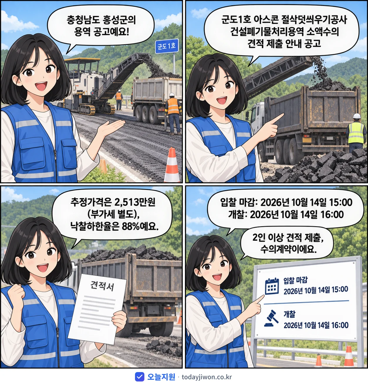 4컷 만화로 보는 공고: 충청남도 홍성군 '군도1호 아스콘 절삭덧씌우기공사 건설폐기물처리용역 소액수의 견적 제출…', 추정가격 2,513만원, 입찰 마감 10/14 15:00