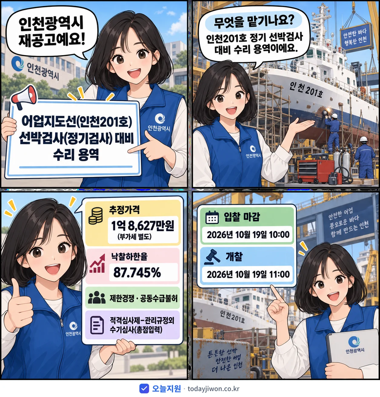 4컷 만화로 보는 공고: 인천광역시 '어업지도선(인천201호) 선박검사(정기검사) 대비 수리 용역', 추정가격 1억 8,627만원, 입찰 마감 10/19 10:00