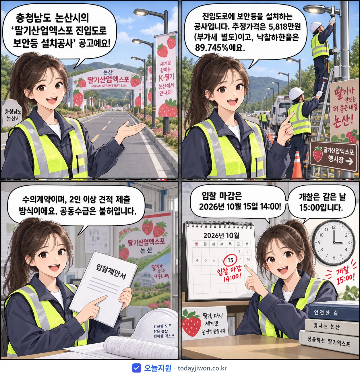 4컷 만화로 보는 공고: 충청남도 논산시 '딸기산업엑스포 진입도로 보안등 설치공사', 추정가격 5,818만원, 입찰 마감 10/15 14:00