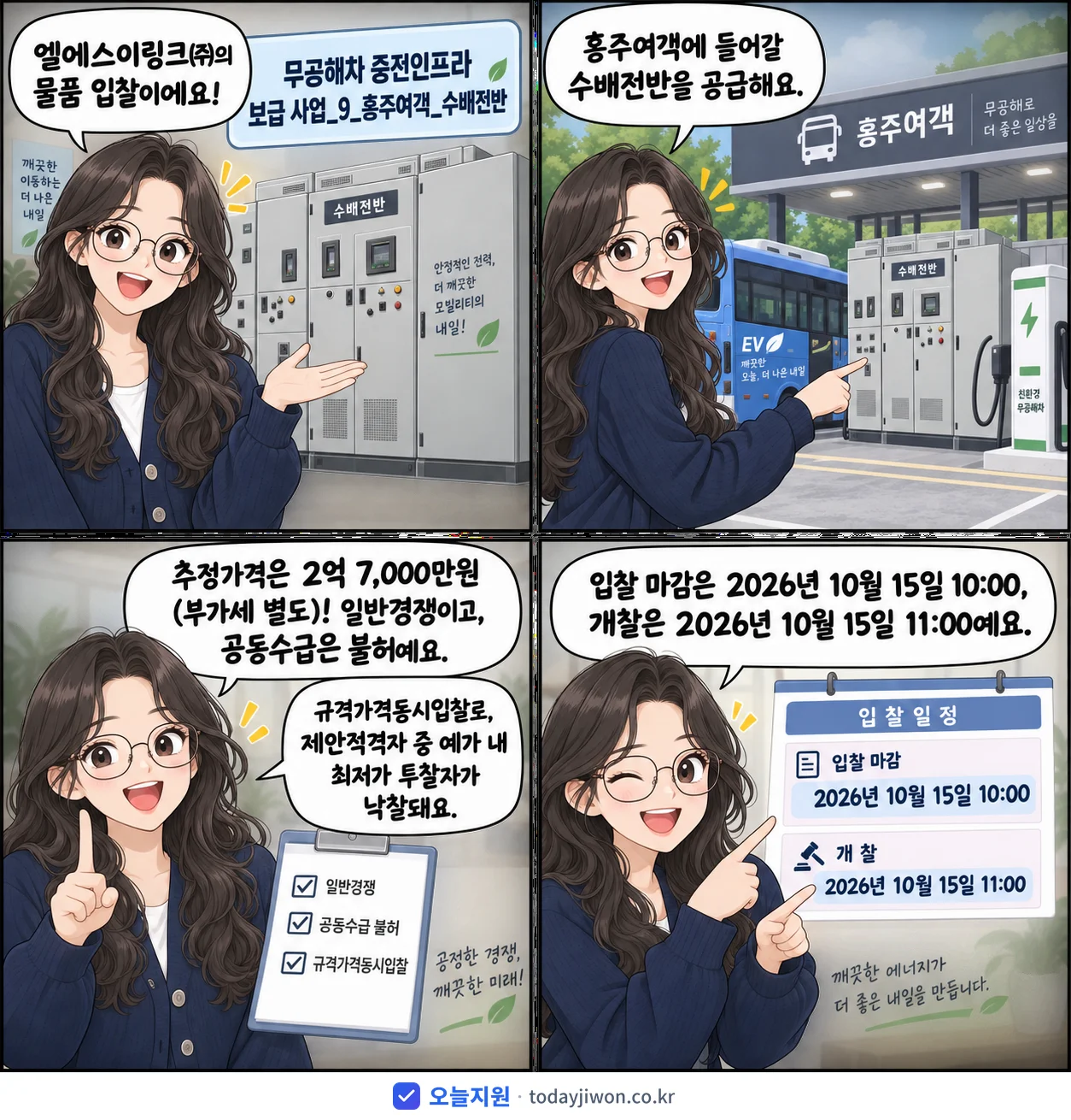 4컷 만화로 보는 공고: 엘에스이링크㈜ '무공해차 충전인프라 보급 사업_9_홍주여객_수배전반', 추정가격 2억 7,000만원, 입찰 마감 10/15 10:00