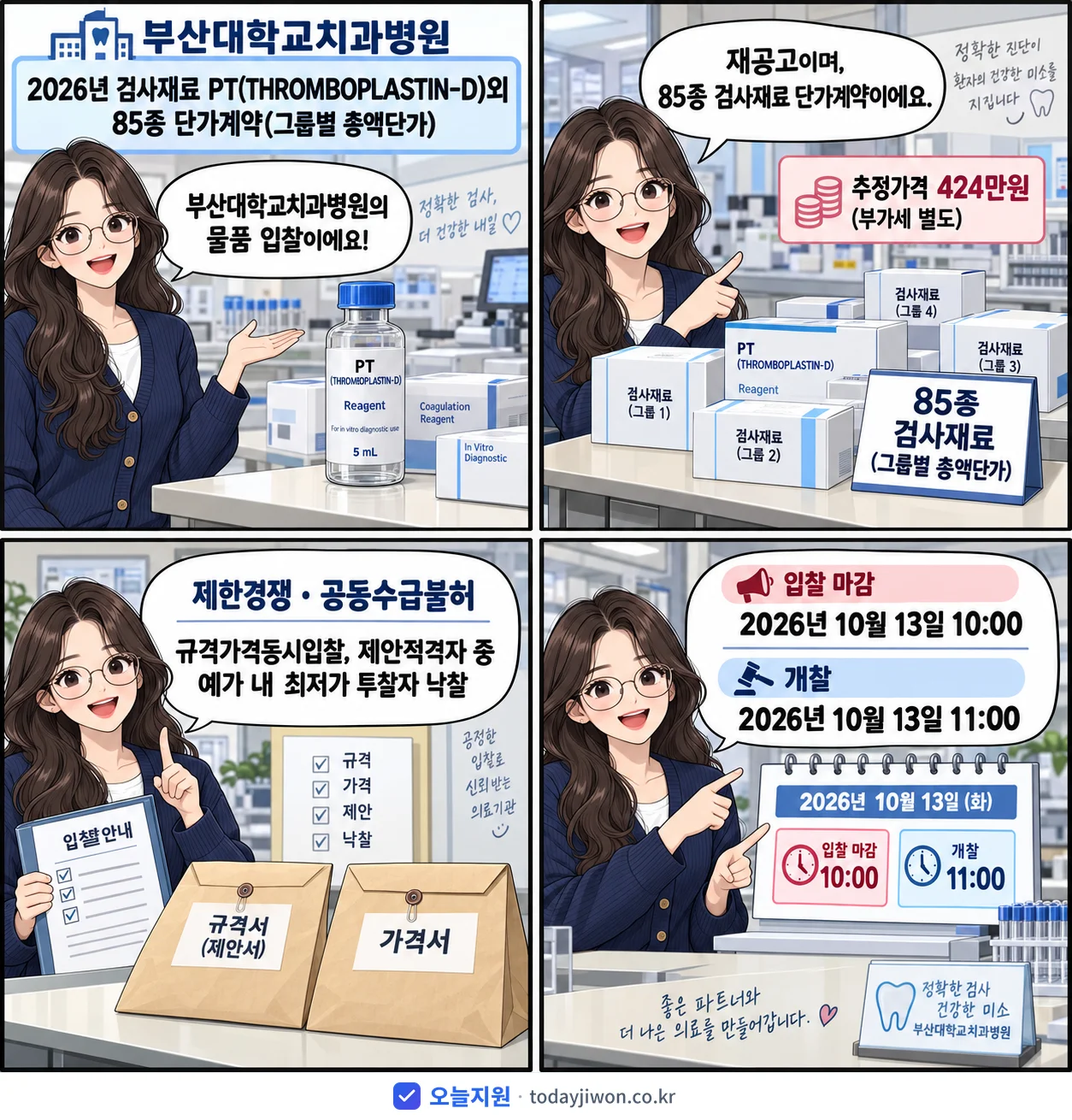 4컷 만화로 보는 공고: 부산대학교치과병원 '검사재료 PT(THROMBOPLASTIN-D)외 85종 단가계약(그룹별…', 추정가격 424만원, 입찰 마감 10/13 10:00