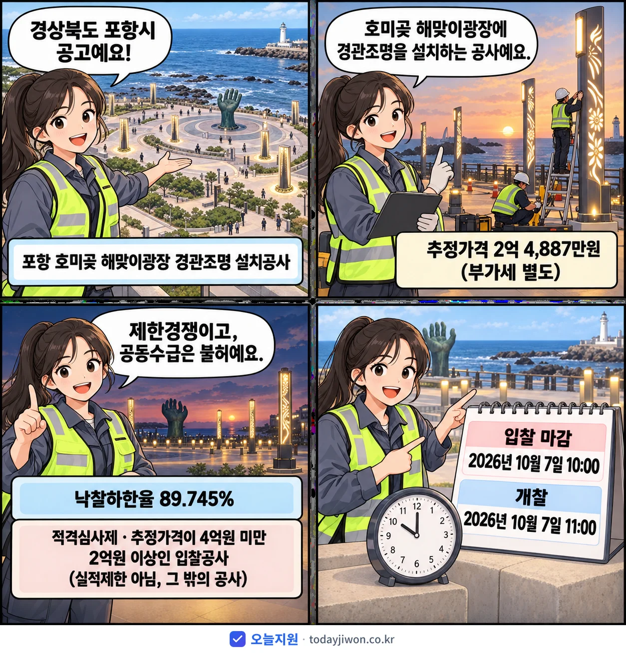 4컷 만화로 보는 공고: 경상북도 포항시 '포항 호미곶 해맞이광장 경관조명 설치공사', 추정가격 2억 4,887만원, 입찰 마감 10/7 10:00
