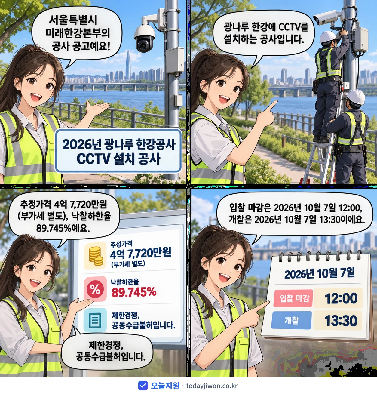 4컷 만화로 보는 공고: 서울특별시 미래한강본부 '광나루 한강공사 CCTV 설치 공사', 추정가격 4억 7,720만원, 입찰 마감 10/7 12:00
