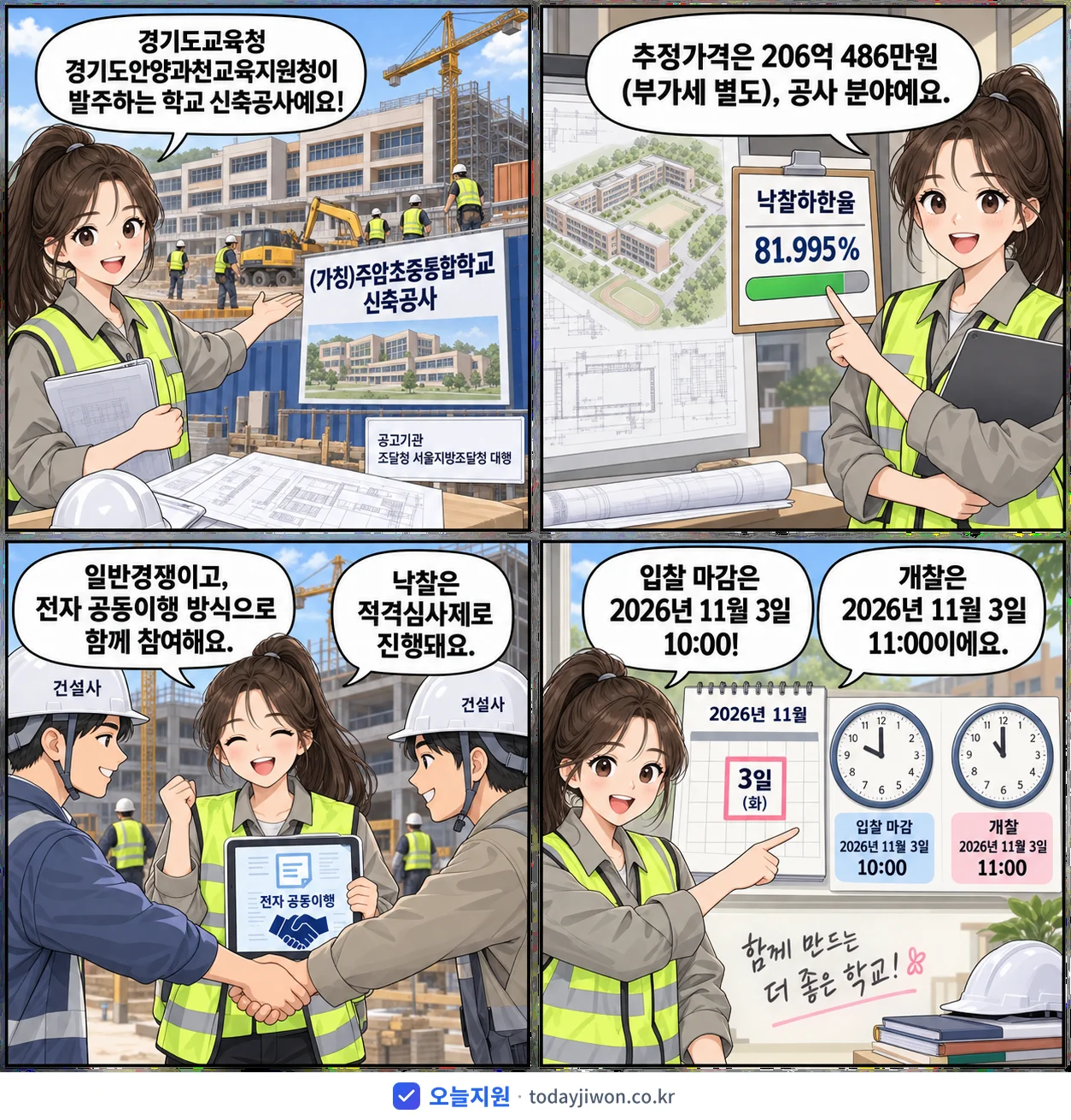 4컷 만화로 보는 공고: 경기도교육청 경기도안양과천교육지원청 '(가칭)주암초중통합학교 신축공사', 추정가격 206억 486만원, 입찰 마감 11/3 10:00
