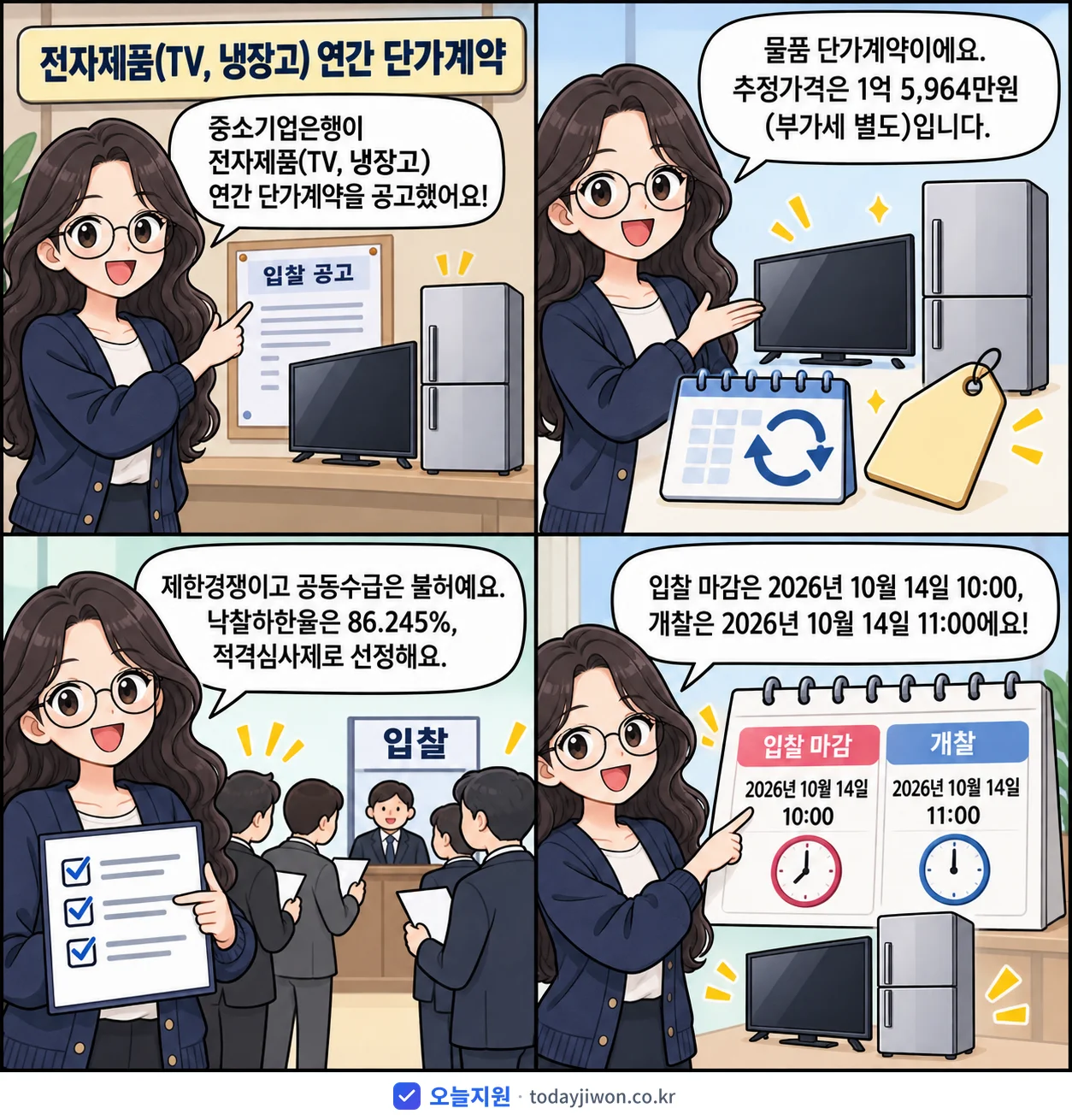4컷 만화로 보는 공고: 중소기업은행 '전자제품(TV, 냉장고) 연간 단가계약', 추정가격 1억 5,964만원, 입찰 마감 10/14 10:00