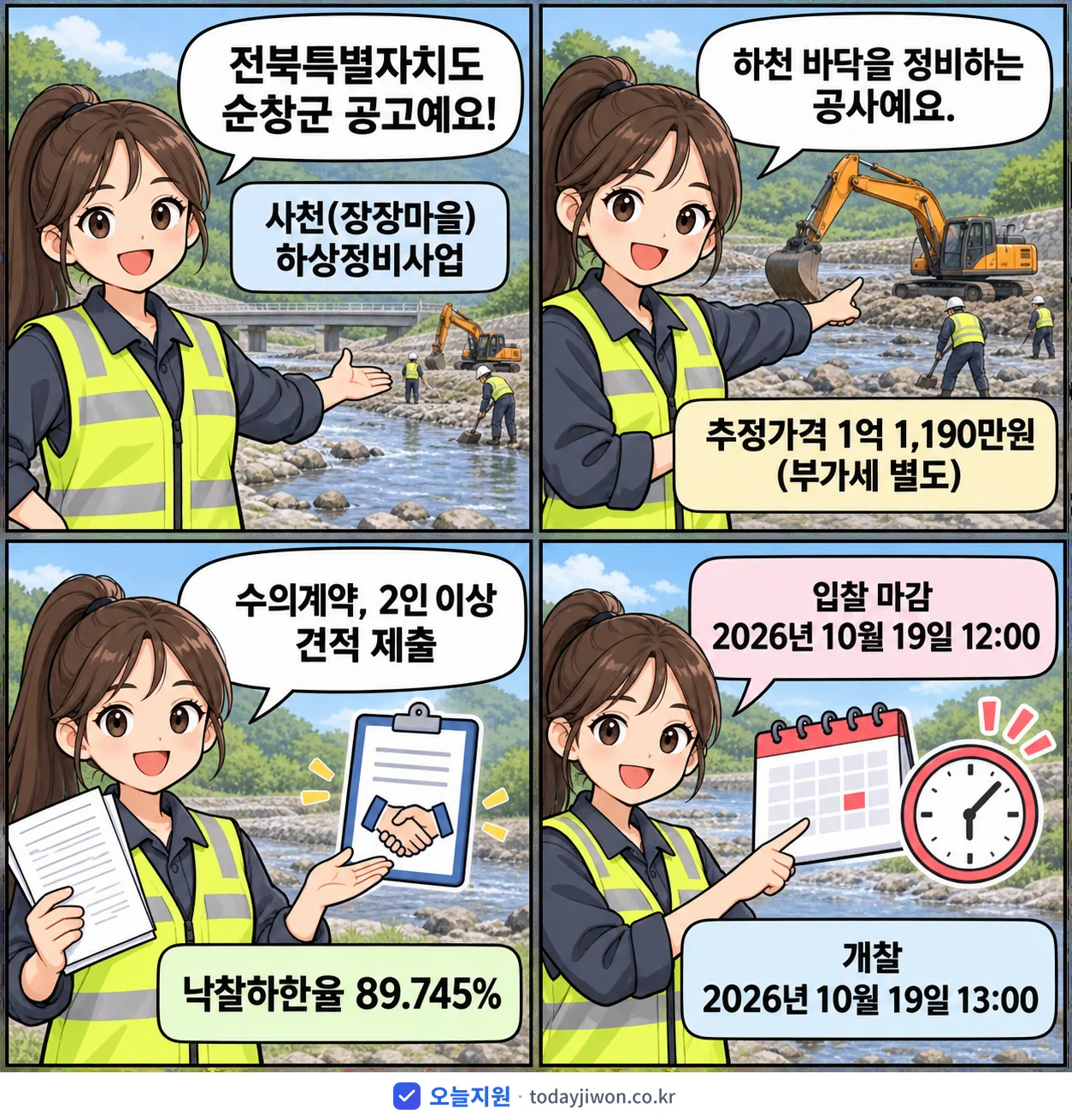 4컷 만화로 보는 공고: 전북특별자치도 순창군 '사천(장장마을) 하상정비사업', 추정가격 1억 1,190만원, 입찰 마감 10/19 12:00