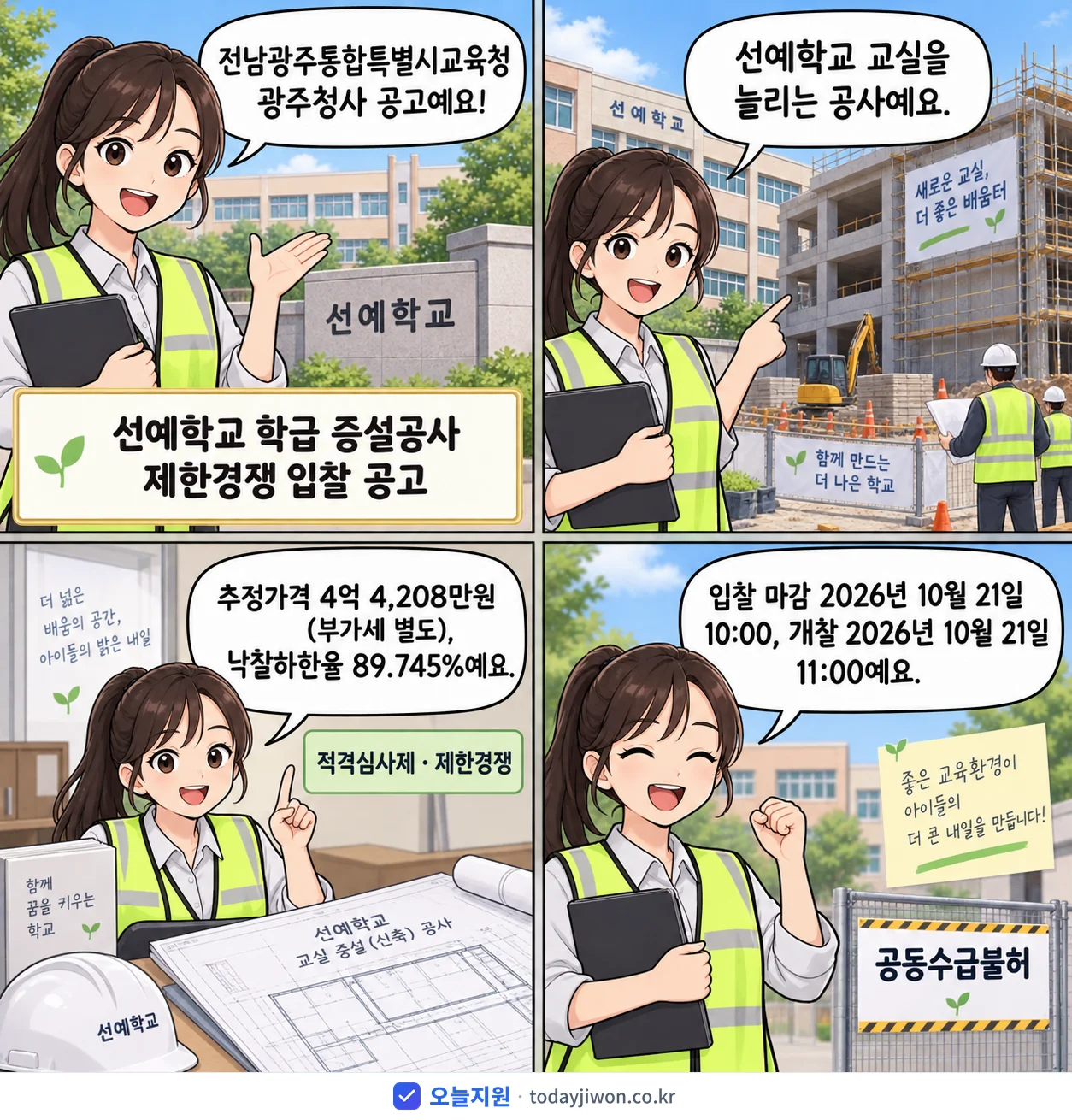 4컷 만화로 보는 공고: 전남광주통합특별시교육청 광주청사 '선예학교 학급 증설공사 제한경쟁 입찰 공고', 추정가격 4억 4,208만원, 입찰 마감 10/21 10:00