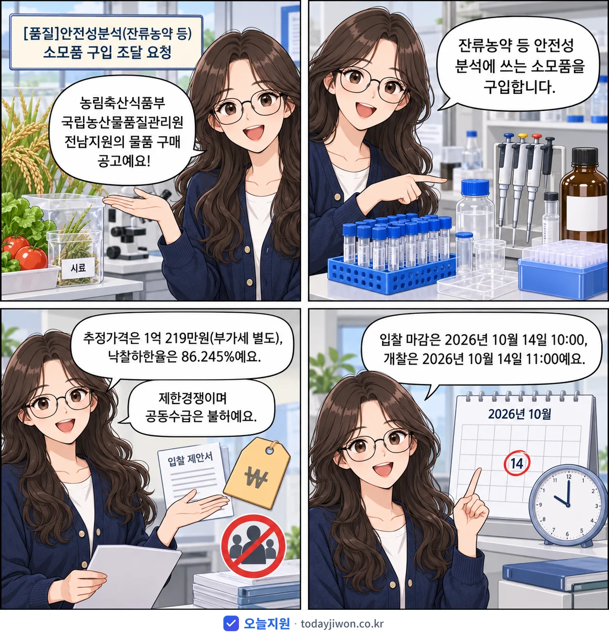 4컷 만화로 보는 공고: 농림축산식품부 국립농산물품질관리원 전남지원 '안전성분석(잔류농약 등)소모품 구입 조달 요청', 추정가격 1억 219만원, 입찰 마감 10/14 10:00
