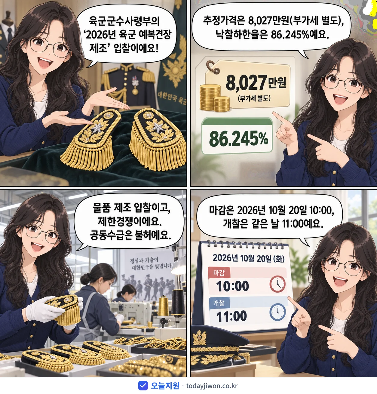 4컷 만화로 보는 공고: 육군군수사령부 '육군 예복견장 제조', 추정가격 8,027만원, 입찰 마감 10/20 10:00