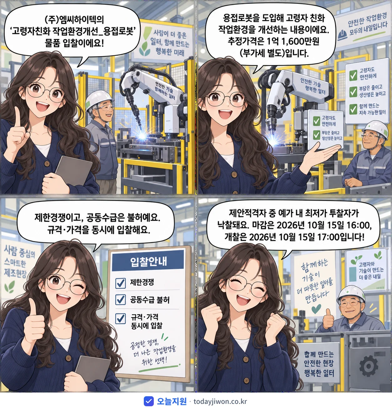 4컷 만화로 보는 공고: (주)엠씨하이텍 '고령자친화 작업환경개선_용접로봇', 추정가격 1억 1,600만원, 입찰 마감 10/15 16:00