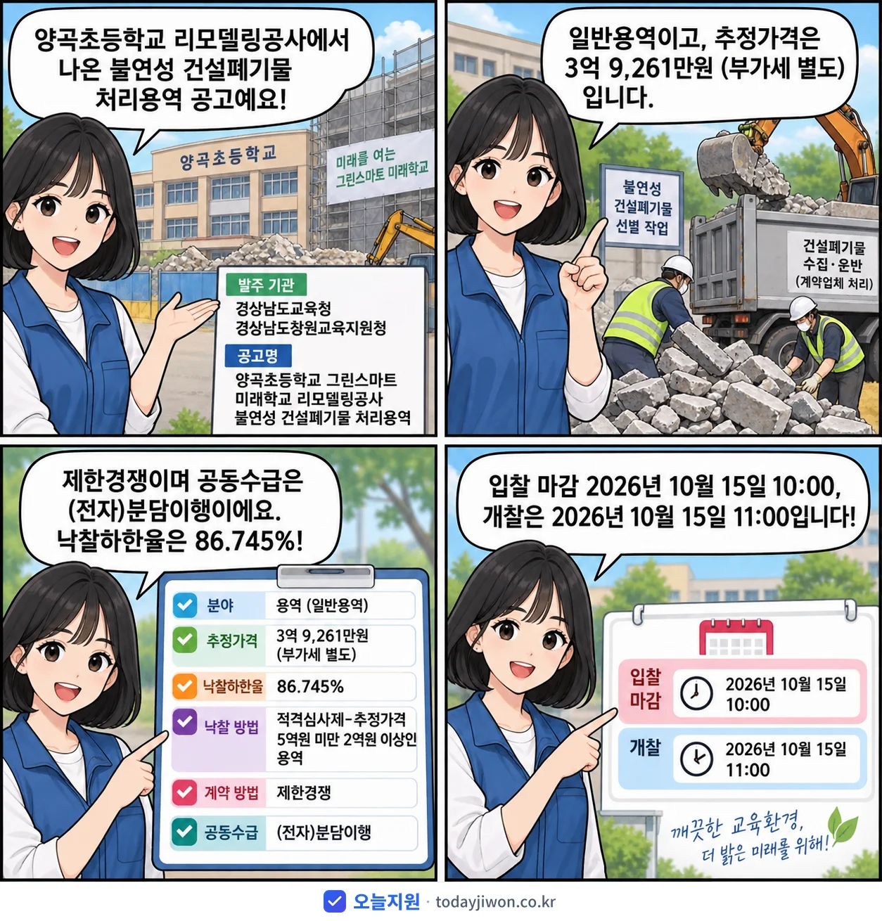 4컷 만화로 보는 공고: 경상남도교육청 경상남도창원교육지원청 '양곡초등학교 그린스마트 미래학교 리모델링공사 불연성 건설폐기물 처리용역', 추정가격 3억 9,261만원, 입찰 마감 10/15 10:00