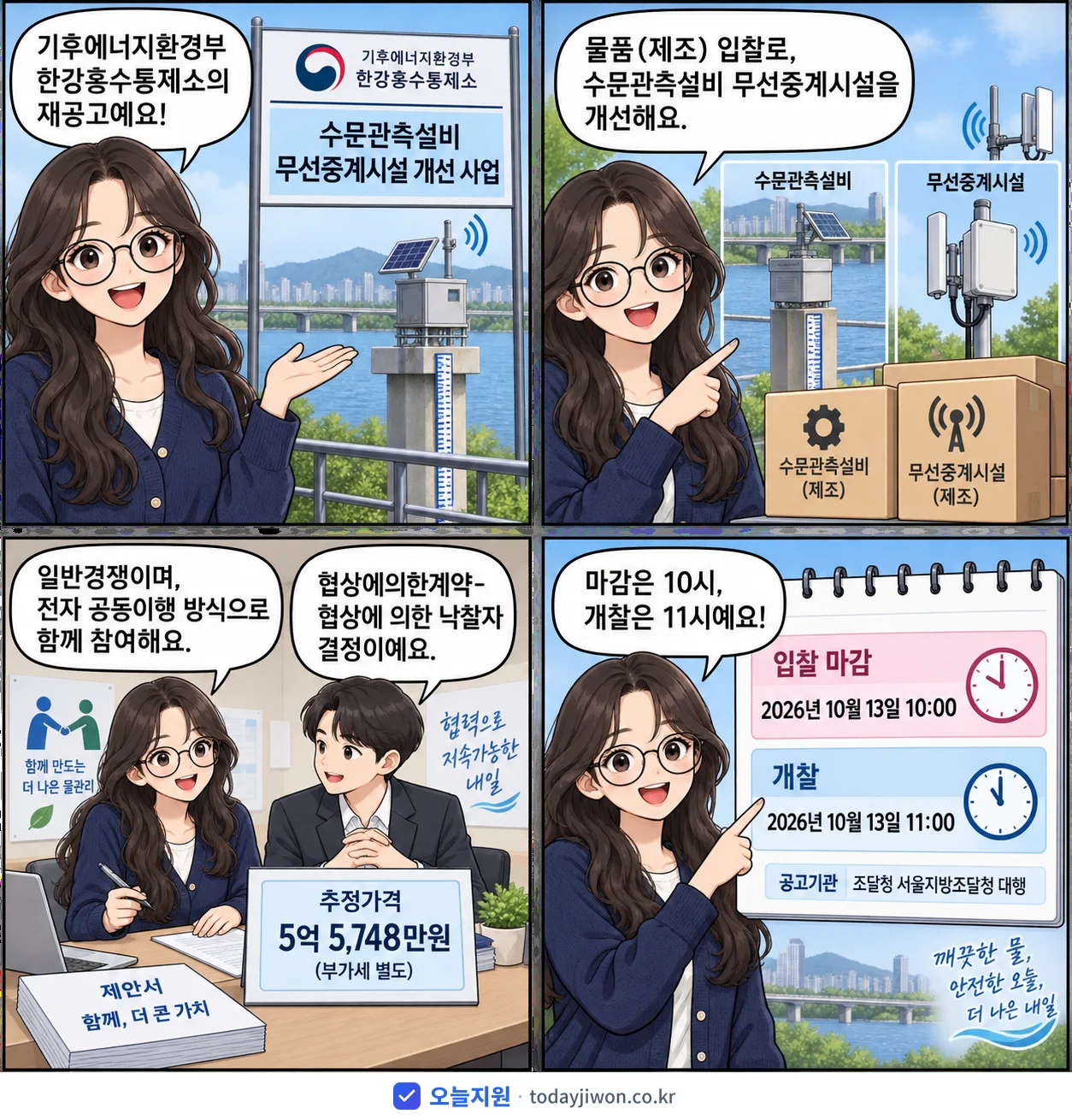 4컷 만화로 보는 공고: 기후에너지환경부 한강홍수통제소 '수문관측설비 무선중계시설 개선 사업', 추정가격 5억 5,748만원, 입찰 마감 10/13 10:00