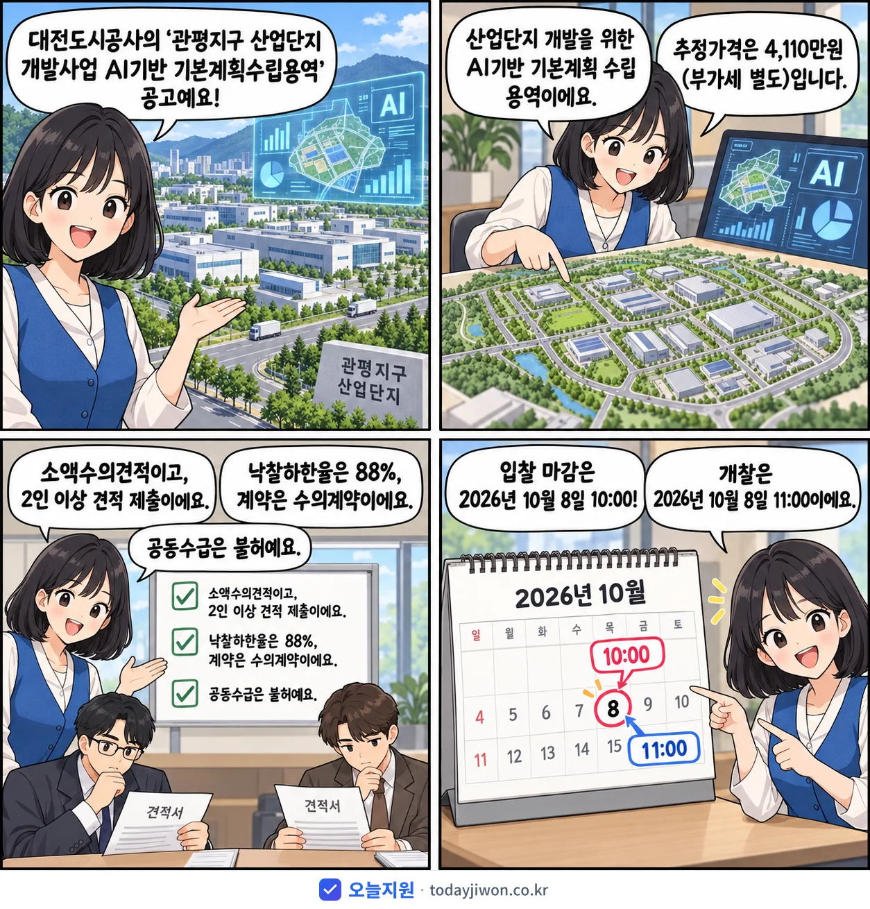 4컷 만화로 보는 공고: 대전도시공사 '관평지구 산업단지 개발사업 AI기반 기본계획수립용역', 추정가격 4,110만원, 입찰 마감 10/8 10:00