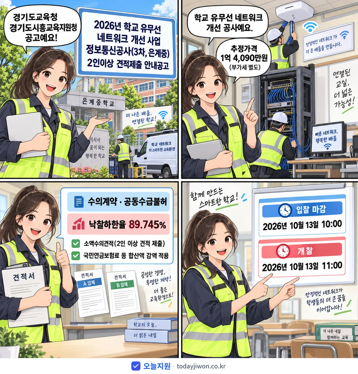 4컷 만화로 보는 공고: 경기도교육청 경기도시흥교육지원청 '학교 유무선 네트워크 개선 사업 정보통신공사(3차, 은계중) 2인이상…', 추정가격 1억 4,090만원, 입찰 마감 10/13 10:00