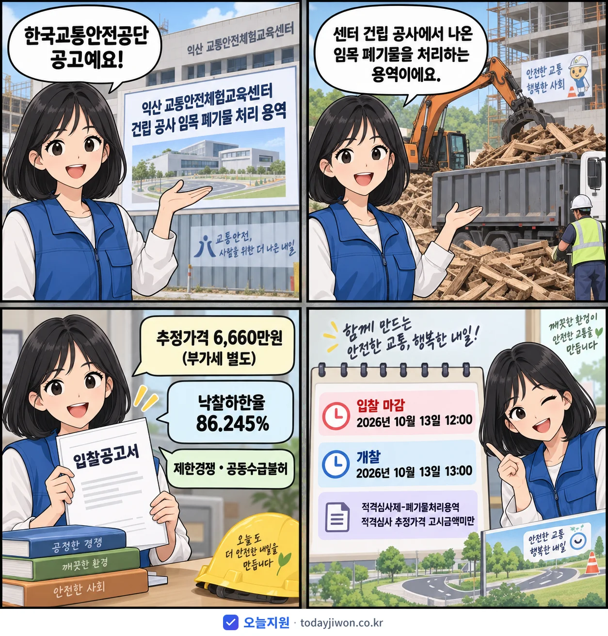 4컷 만화로 보는 공고: 한국교통안전공단 '익산 교통안전체험교육센터 건립 공사 임목 폐기물 처리 용역', 추정가격 6,660만원, 입찰 마감 10/13 12:00