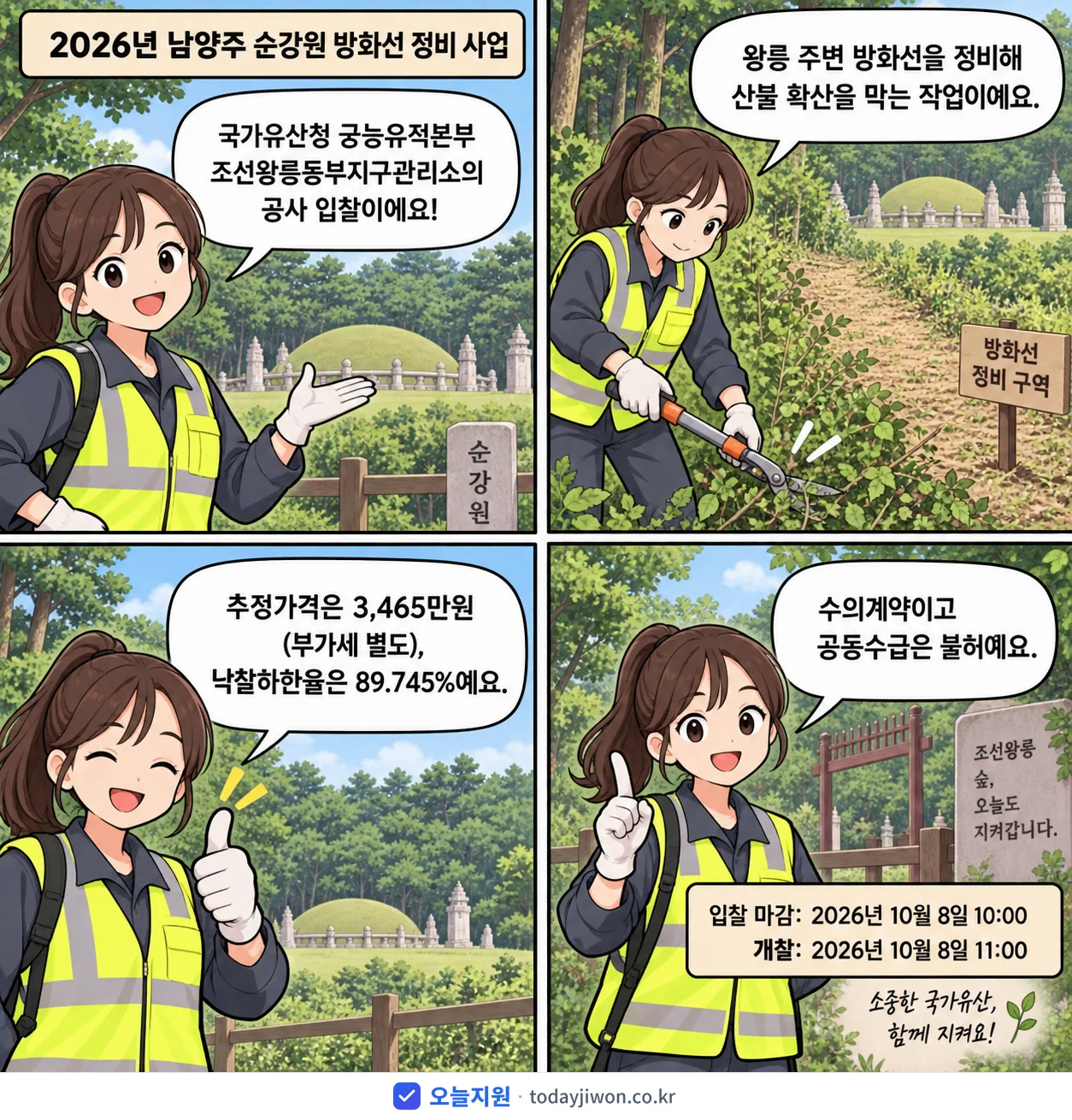 4컷 만화로 보는 공고: 국가유산청 궁능유적본부 조선왕릉동부지구관리소 '남양주 순강원 방화선 정비 사업', 추정가격 3,465만원, 입찰 마감 10/8 10:00