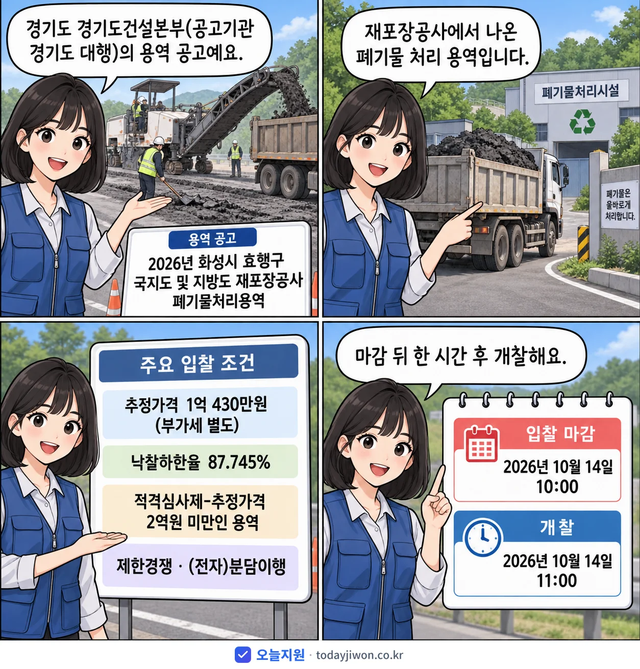 4컷 만화로 보는 공고: 경기도 경기도건설본부 '화성시 효행구 국지도 및 지방도 재포장공사 폐기물처리용역', 추정가격 1억 430만원, 입찰 마감 10/14 10:00